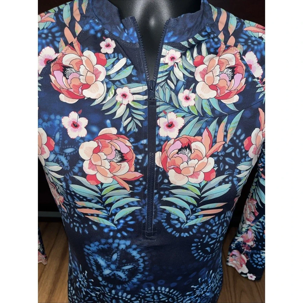 Johnny Was California Womens Large Rash Guard Print 1/2 Zip Up Swim Top Surf Sun